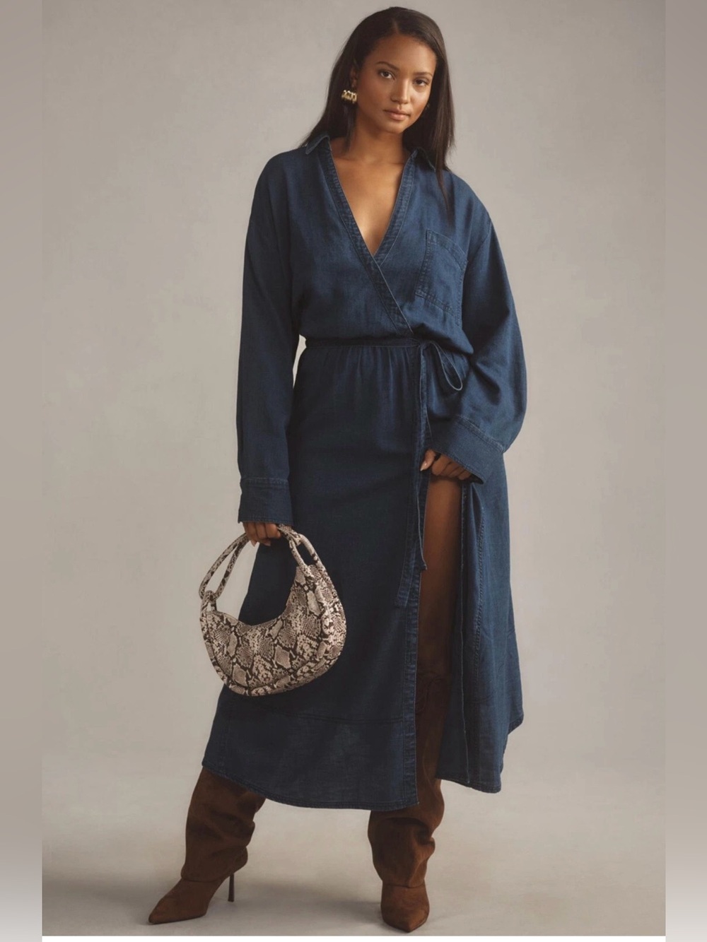 Anthropologie Pilcro Denim Wrap Maxi Shirt Dress Medium Belted Cotton Cowgirl